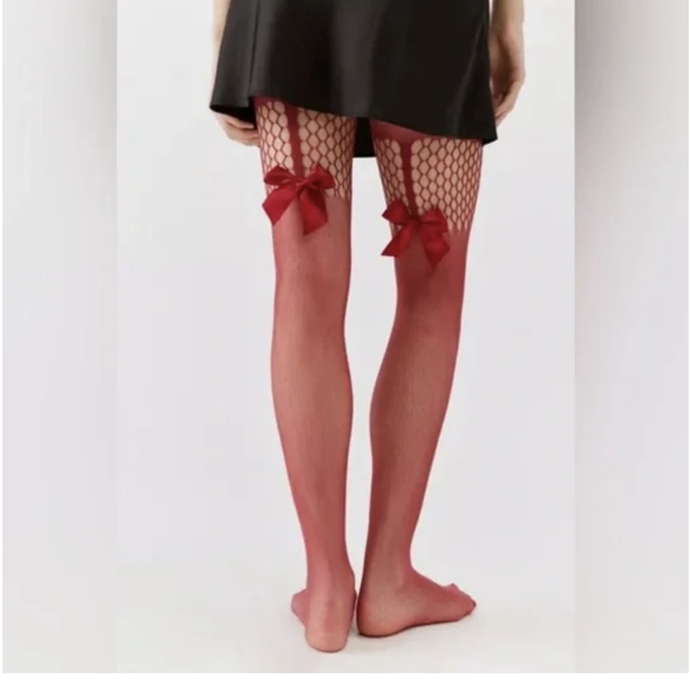 UO Red Bow Fishnet Tights S/M